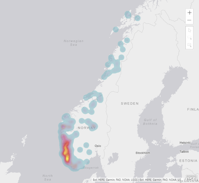 Kart som viser forekomst av den store leverikta hos totalt 4170 slakt i 2016. 90% av funnene er i Rogaland og Hordaland. Gul og rød farge angir områder med høyest forekomst.