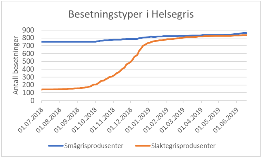 Figuren viser antall registrerte besetninger i Helsegris fordelt på slakteribesetninger og besetninger som har purker.